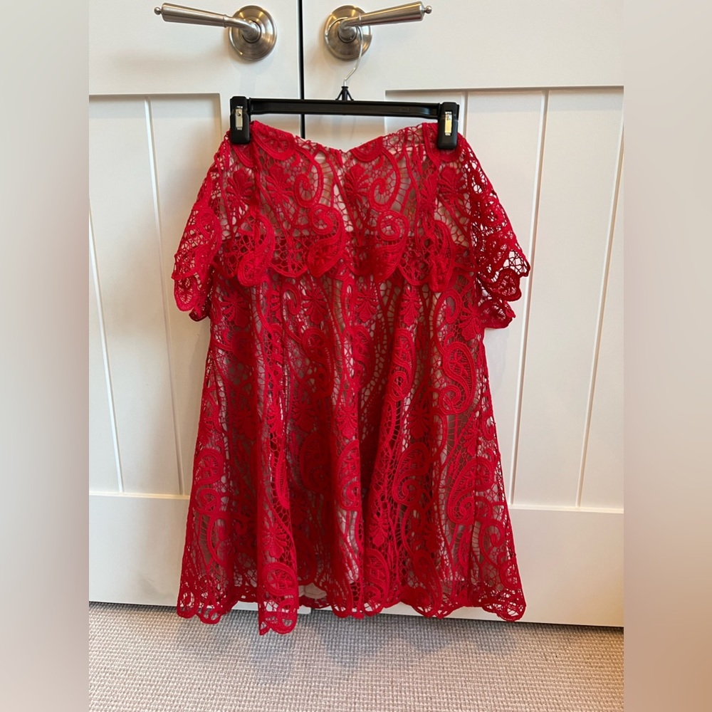 Red lace strapless mini dress